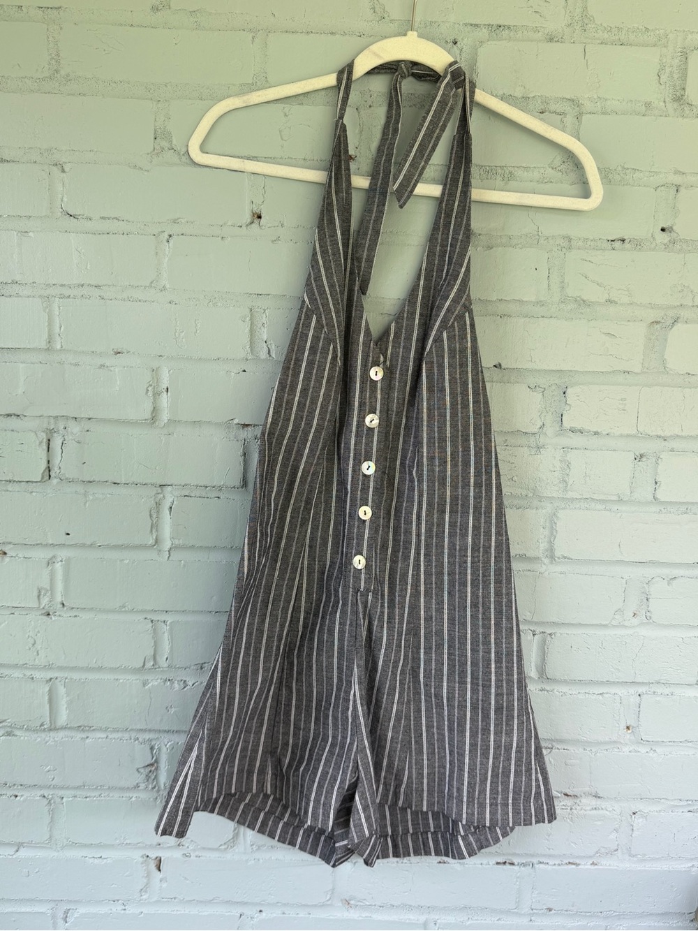 Love Tree Gray Pinstripe Halter Romper with Front Buttons